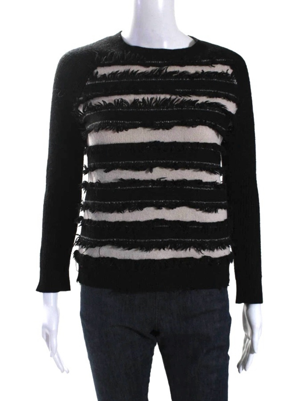 Haute Hippie Merino Wool Sweater in Black & Beige Fringe Stripes Size Small